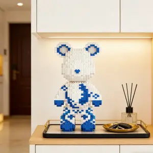 Blue-And- Porcelain Lucky Bear 3D Puzzle Building Blocks Decoration, Home Office Bookshelf Decor, Party Tabletop Display, Ideal Gift