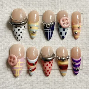 Colorful Abstract Press On Nails, Y2K Retro Nails, Polka Dot & Stripe Design, 3D Charm Gel Nails, Handmade Nails