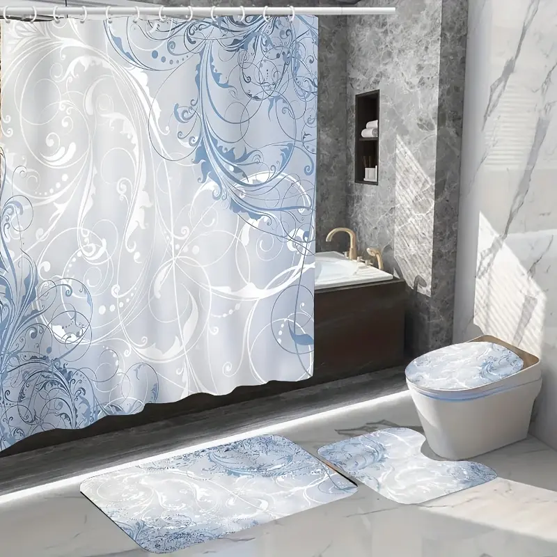 HOT 1/4pcs Deluxe Bathroom Essentials Set - Waterproof Graphic Printed Shower Curtain with Hooks  Non-Slip Bath Rug  U-Shape Toilet Mat  Toilet Lid Cover  Decorative Accessories for a Stylish Bathroom Makeover Pedestal