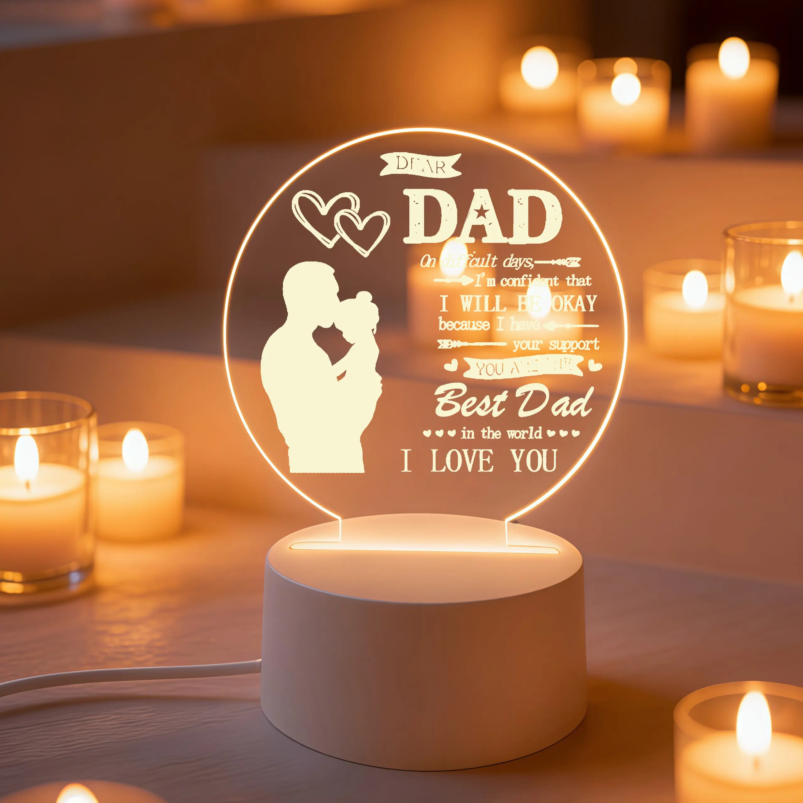 Round Acrylic LED Night Light with Father Daughter Silhouette Engraving Bedroom Table Lamp Window Decor Warm Glow Romantic Gift for Dad from Daughter Son Father Day Christmas