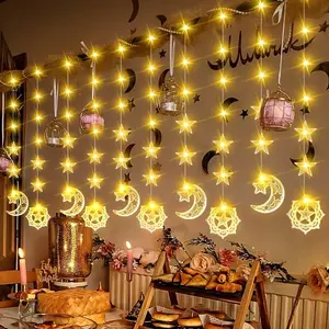 1pc 80LED Moon Star Eid String Light | Warm Light New Home Decoration, Crescent and Star Shaped Light String, Hanging Fairy Light Strip, 8 Modes, Suitable for Parties, Ramadan, Valentine'S Day, New Year Atmosphere Lights, Outdoor Light Strip