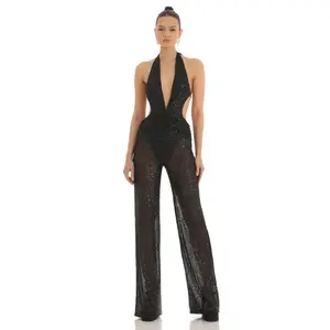 Sequin Plunge Halter Jumpsuit in Black