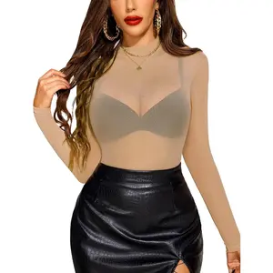 Mesh Top for Women Long Sleeve See Through Shirt Mock Neck Sheer Blouse Clubwear Party XS-XXL