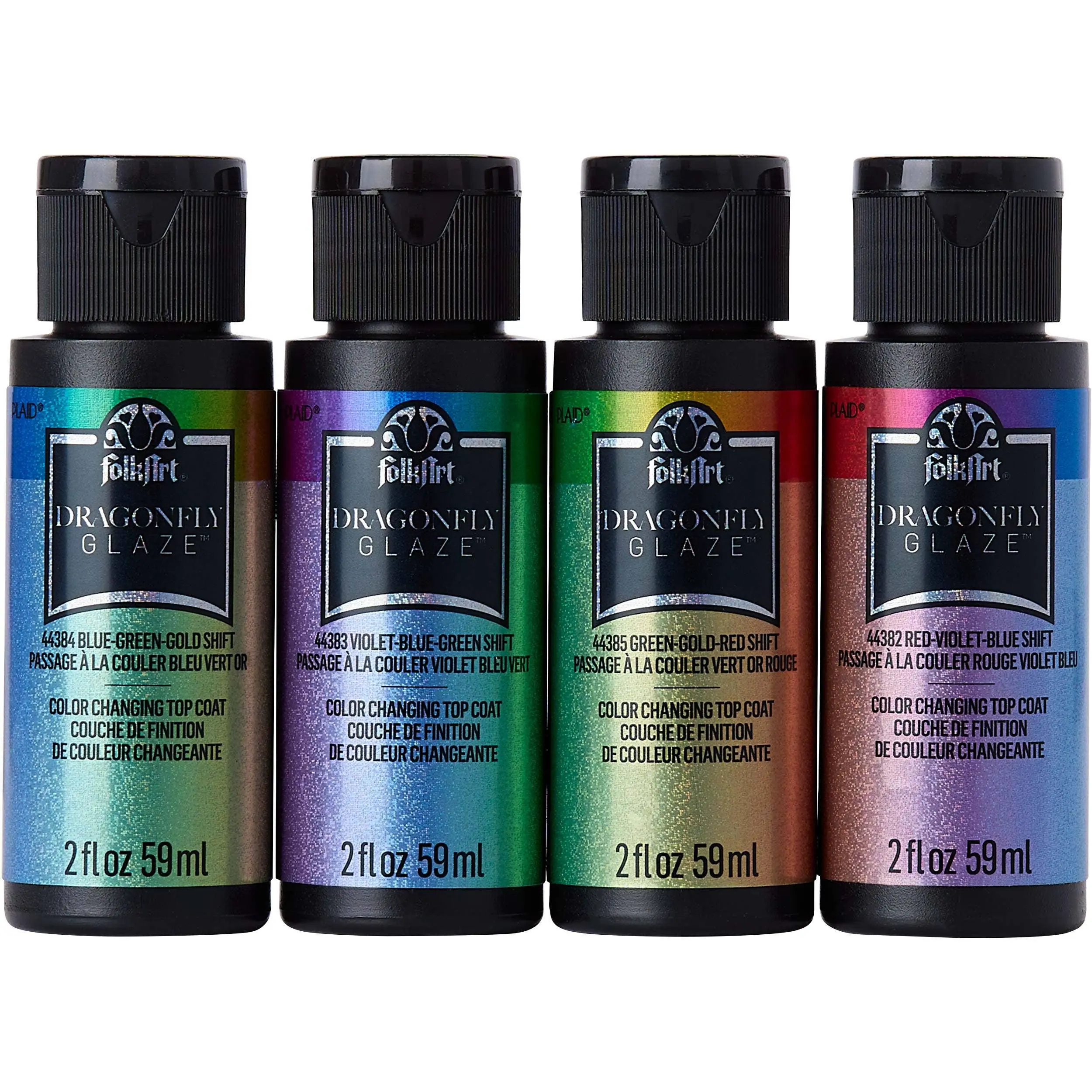 FolkArt Dragonfly Glaze Iridescent Acrylic Shimmer Paint Set - 4-Piece 2 oz Top Coat for Adults, Artists, DIY Crafts, Indoor Projects, Candle Making - Blue-Green-Gold Shine - PROMODG
