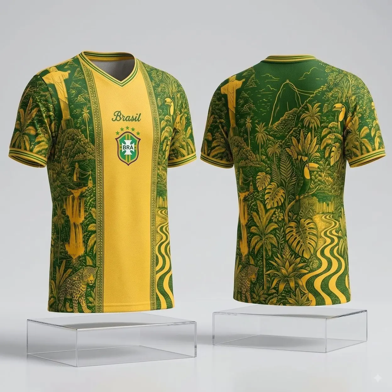 B-R-A-S-I-L Tropical Art Soccer Jersey - Amazon Jungle & Jaguar Football Shirt - Canarinho Matchday Tee