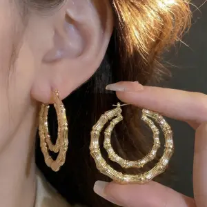 Jewelry: Oversized Bamboo Joint Earrings, Gold,DDES0052  Large Hoop Drop Earrings for Women, 14K Gold-Plated