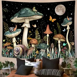Green Mushroom Tapestry Moon Star Tapestries for Bedroom Aesthetic Starry Night Plant Tapastrys Wall Hanging Butterfly Snail Frog Wall Tapestry for Living Room Dorm (Dark, 40" x 30")
