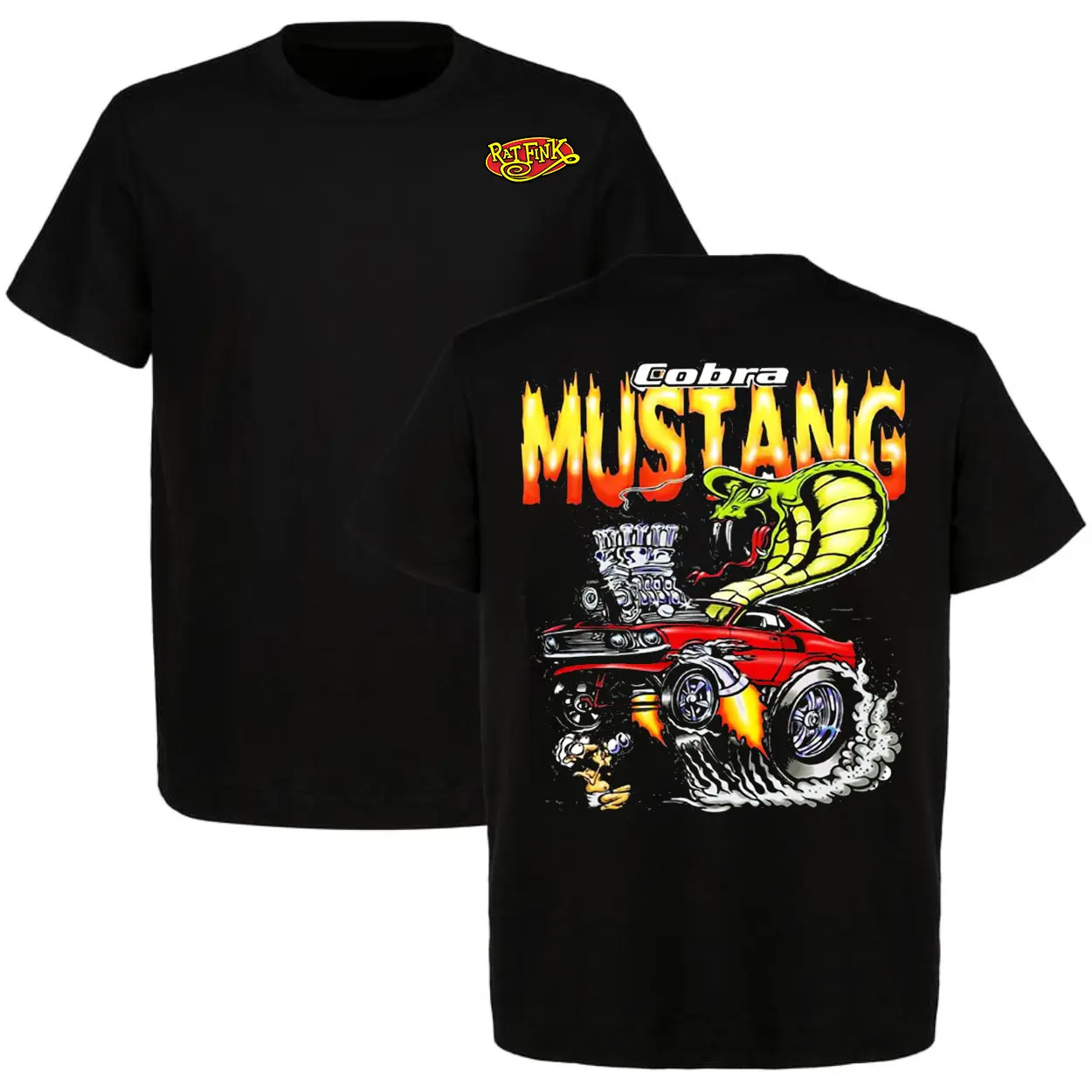 Unisex Retro Cobra Mustang Motorsport Tee, Heavy Cotton Crewneck Short-Sleeve Sporty Chic 2-Sided Graphic Top, Fitted Cut Rat Fink Style Streetwear, Machine Washable Sports Gift for Him/Her