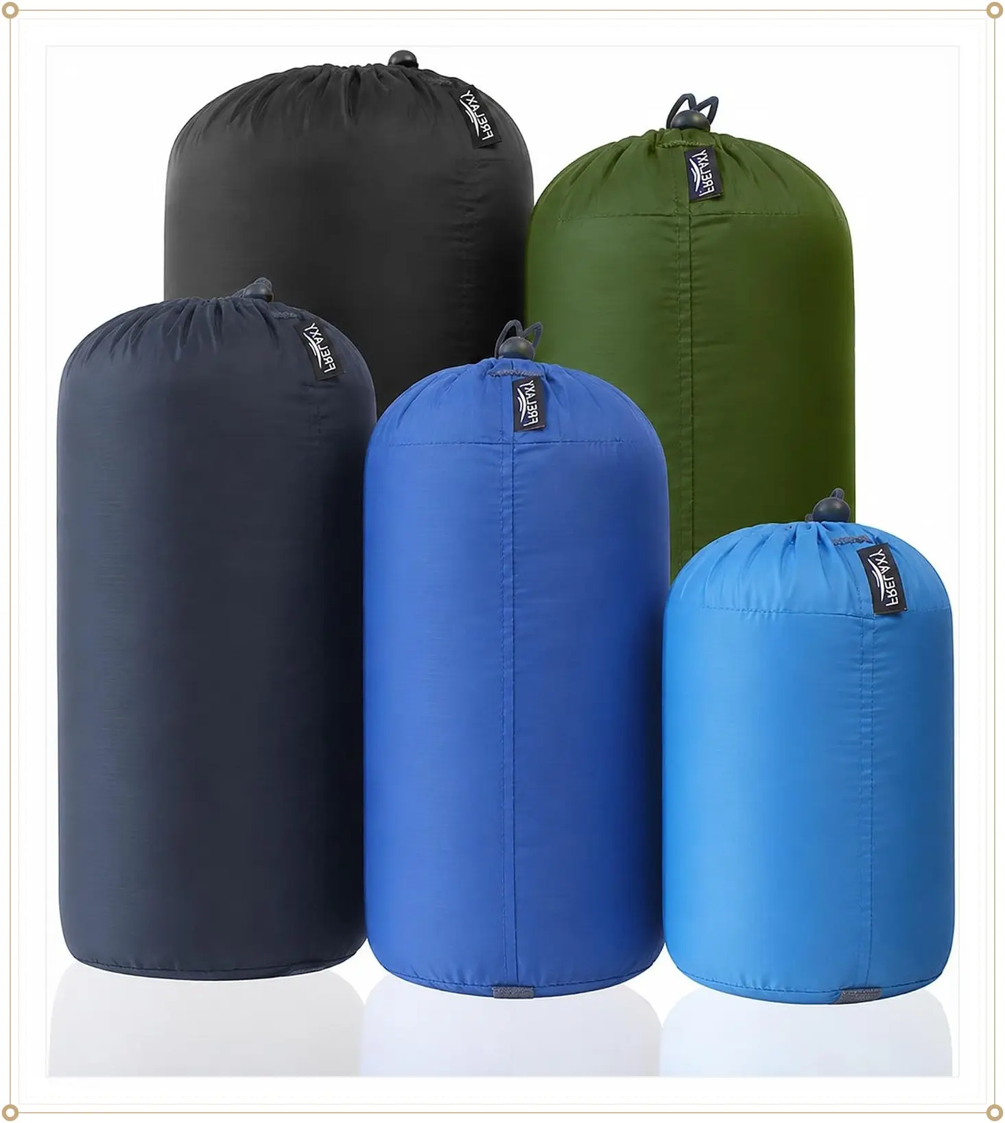 Frelaxy Stuff Sack Set 5-Pack (3L&5L&9L&15L&20L), Ultralight Ditty Bags with Dust Flap for Traveling Hiking Backpacking (Sky Blue&Blue&Navy&Army Green&Black)Gift