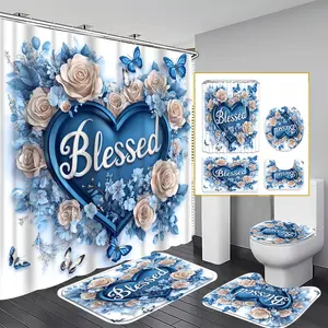 4-Piece Polyester Blessed Heart Shower Curtain Set, Blue Flowers & Garden-Themed Bathroom Decor with Bath Mat, U-Shaped Mat, Toilet Lid Cover, 12 Hooks for Romantic Home Bathroom Use