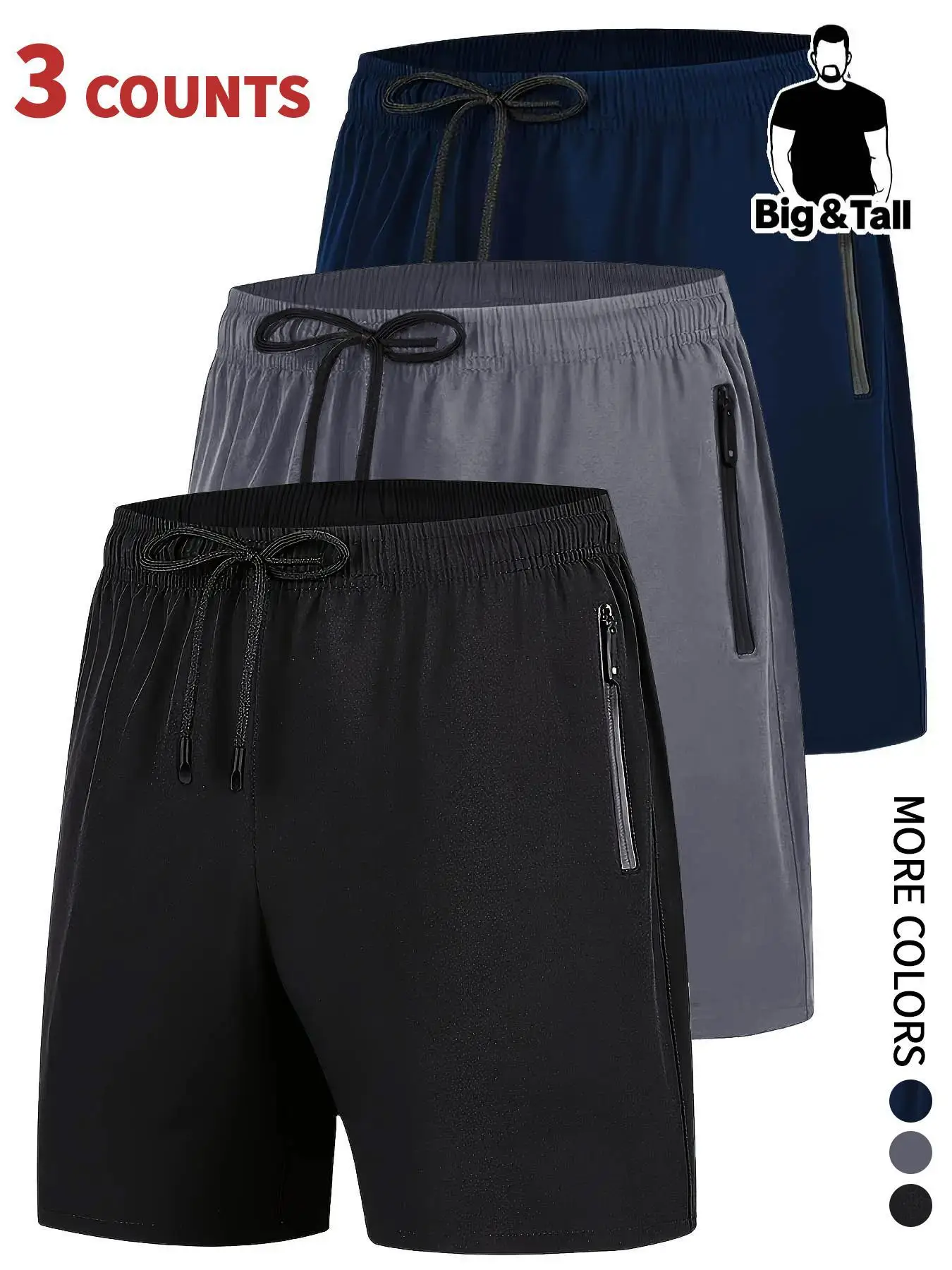 Men's Solid Zipper Pocket Drawstring Waist Shorts, Casual Quick Drying Shorts for Running Fitness Cycling Hiking, Shorts, Plus Size Men's Bottoms for