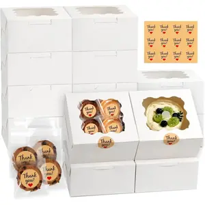 12 count Cookie Boxes with Window, 6x6x3 Inches White Bakery Boxes,  Boxes with 50 count Cookie Bags and 12 count Stickers, for Dessert Pastry  Strawberries Macarons Donut Cupcake