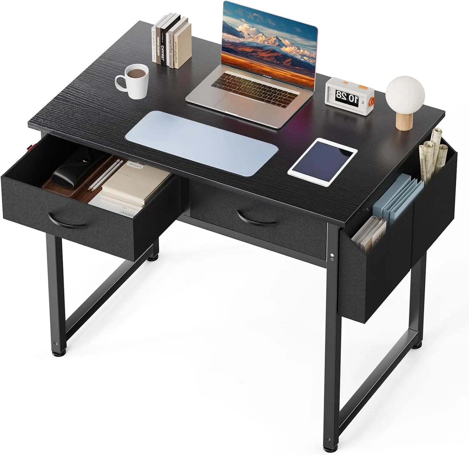 32 Inch Computer Desk with Drawers, Small Home Office Writing Desk with Storage Bag & Headphone Hook, Compact Gaming Study Table with Adjustable Feet, Space-Saving Desk for Bedroom, Study Room, and Work from Home Setup