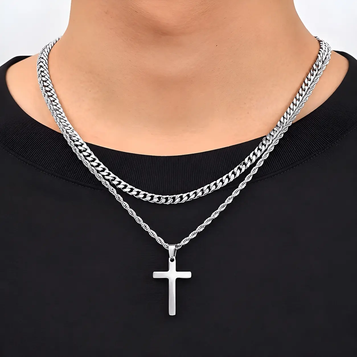 Men's Double-Layer Cross Pendant Necklace - Silver Polished Metal, Flat Cuban & Twist Chains, Streetwear & Party Costume Jewelry, Daily Fashion Accessory, Gift for Men