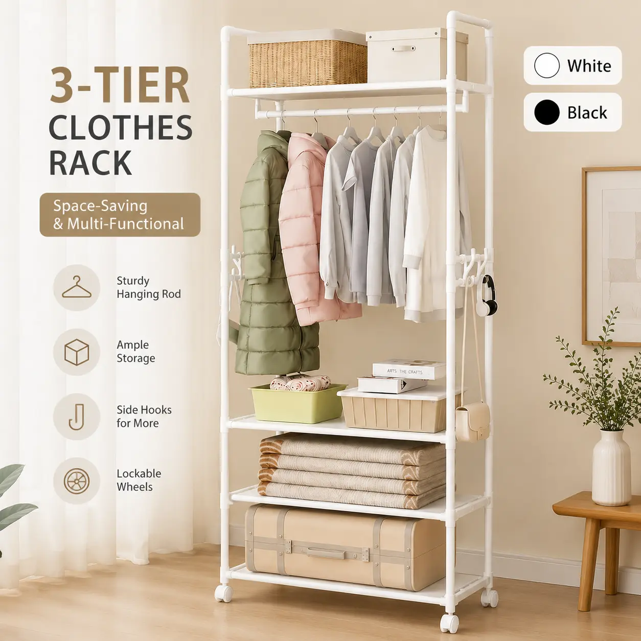 3-Tier Carbon Steel Garment Rack with Storage Shelves, Freestanding Clothes Rack with Hanging Rod & Side Hooks, Rolling Clothing Organizer for Bedroom, Closet, Entryway