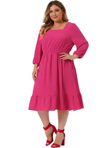 Agnes Orinda Plus Size Midi Dresses Vintage Square Neck Swiss Dots Boho Chiffon Dress