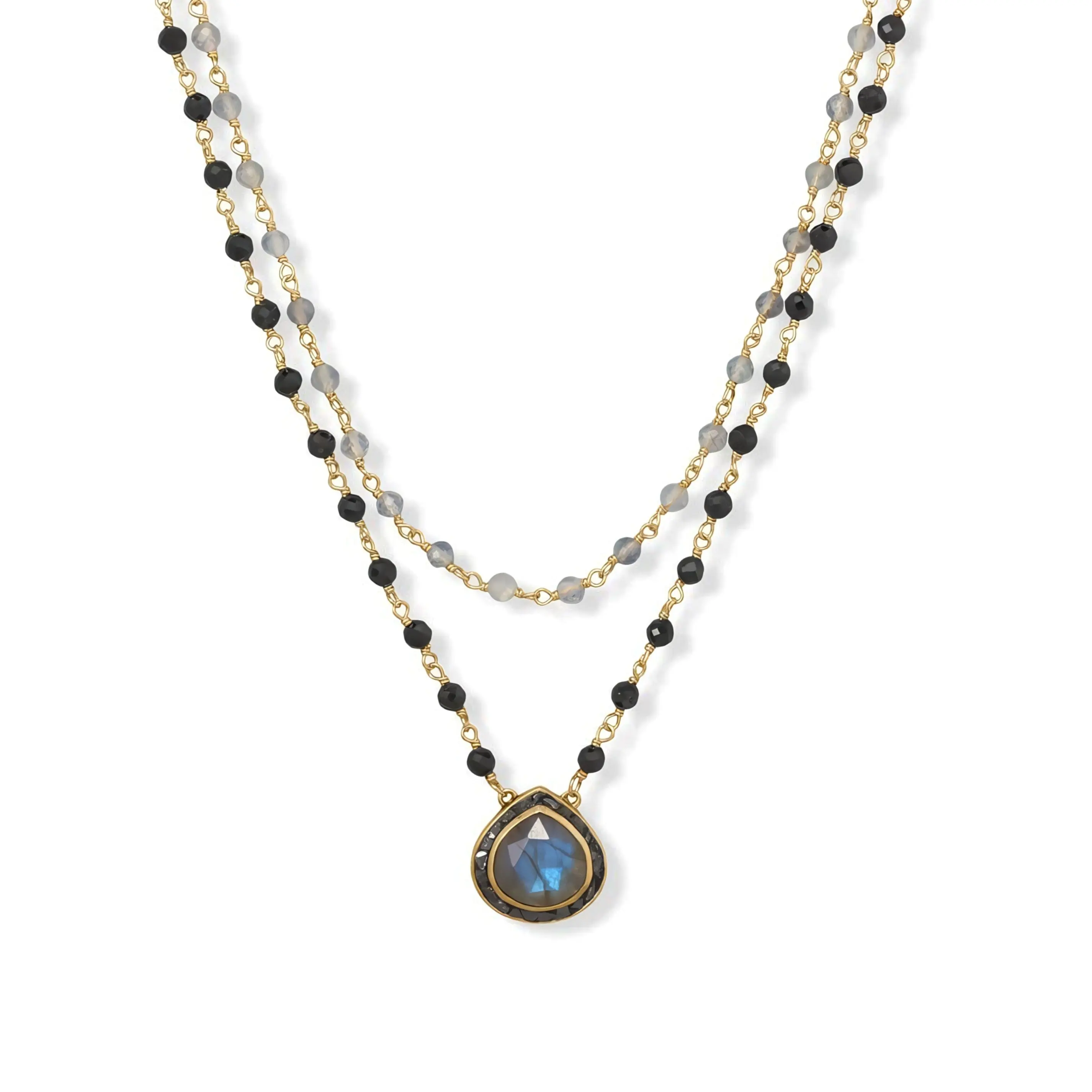 Labradorite Black Onyx Necklace 14K Gold 925 Silver Double Strand Diamond 19+20"