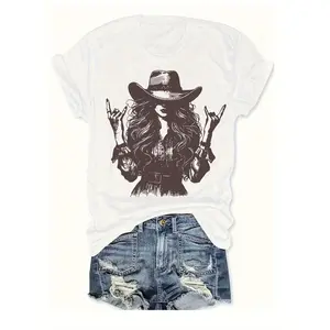 Female Cowboy, , Rock, Western, Cowboy, Silhouette Print Fashion Casual Short Sleeve, Summer Fitted Style, Round Neck Women'S Cheap Affordable T-Shirt