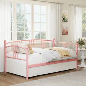 Twin Size Daybed with Pull-Out Trundle – Space-Saving Metal Sofa Bed Frame, Steel Slatted Support for Living Room & Bedroom