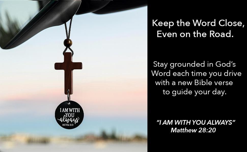 Daily Bible Verse Rearview Mirror Cross Ornament – Daily Scripture Car Charm Hanging Cross for Car with “I Am with You Always” Medallion