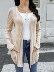 Women's Spring Knitted Cardigan, Plain Fashion Elegant Casual Fitted Sweater, Open Front Pocket Design, Winter Wear, Knitwear, Womenswear
