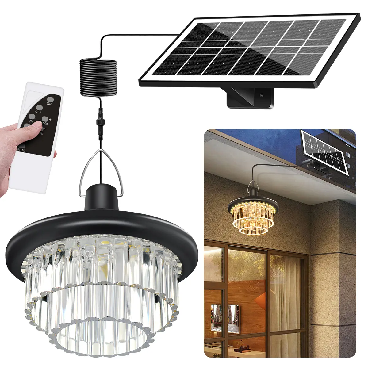 Solar LED Outdoor Pendant Light with Remote Control IP65 Waterproof Adjustable Color Temperature Multiple Modes for Courtyard Decoration No Warranty