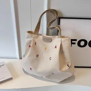 Embroidered Letter Canvas Tote Bag, Large-Capacity Shoulder Handbag, Fresh Style Daily Travel & Student Bag