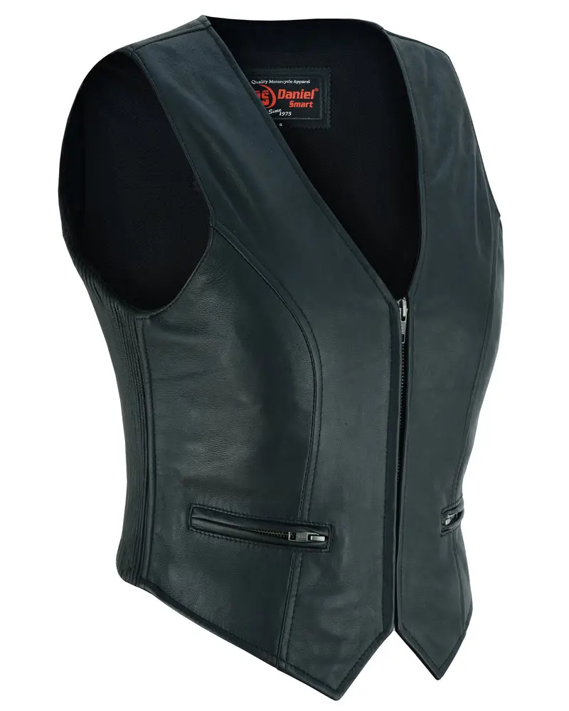 DANIEL SMART Flare™ Women's Leather Motorcycle Vest, Ultra-Soft Lambskin Bike Style Vest, V-Neck with Zippered Pockets & Mesh Liner, Black, XS-5XL, Bike Style Vests