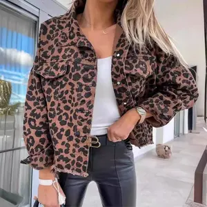 New - style Women's Loose - fitting Short - length Denim Jacket with Leopard - print Long Sleeves for Spring and Autumn 2025 Casual Wear Coats