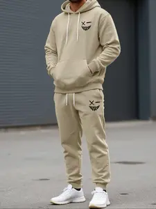 Men's Casual Hooded Sweatshirt Set, Cartoon Smiley Print Drawstring Hoodie & Jogger Pants, Fall Winter Fitted Sportswear, Sweatsuit Set Outfit