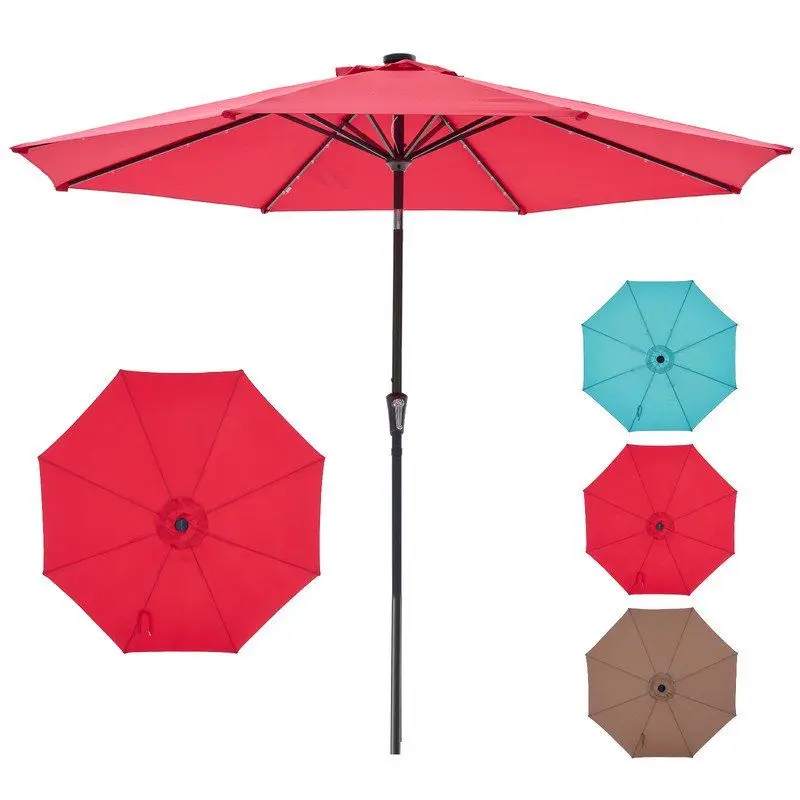 10 ft Outdoor Patio Table Umbrella with 32 LED Solar Outdoor Lights, Red