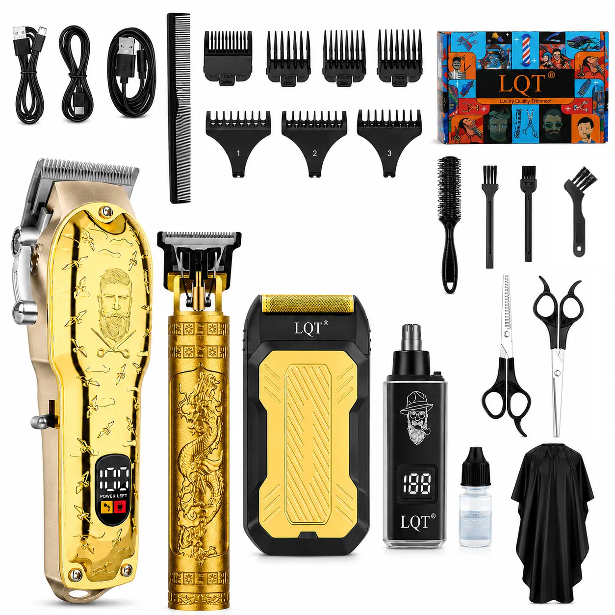 Men's 4-Piece Professional Cordless USB Rechargeable Hair Clipper & Trimmer Kit, Barber Set with LCD Display, Adjustable Blade for Haircut & Styling