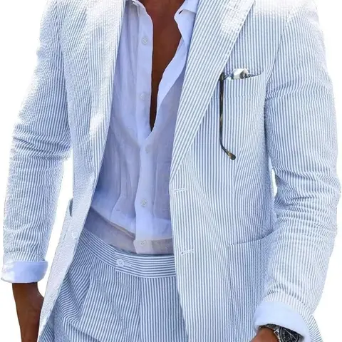 Men's Blue Seersucker Slim-Fit Formal Outfit Set, Blazer and Trousers, 2-Piece Matching Suit for Wedding & Business Casual Occasions, Men's Outfit Sets, Blue Matching Two-Piece Men's Suits