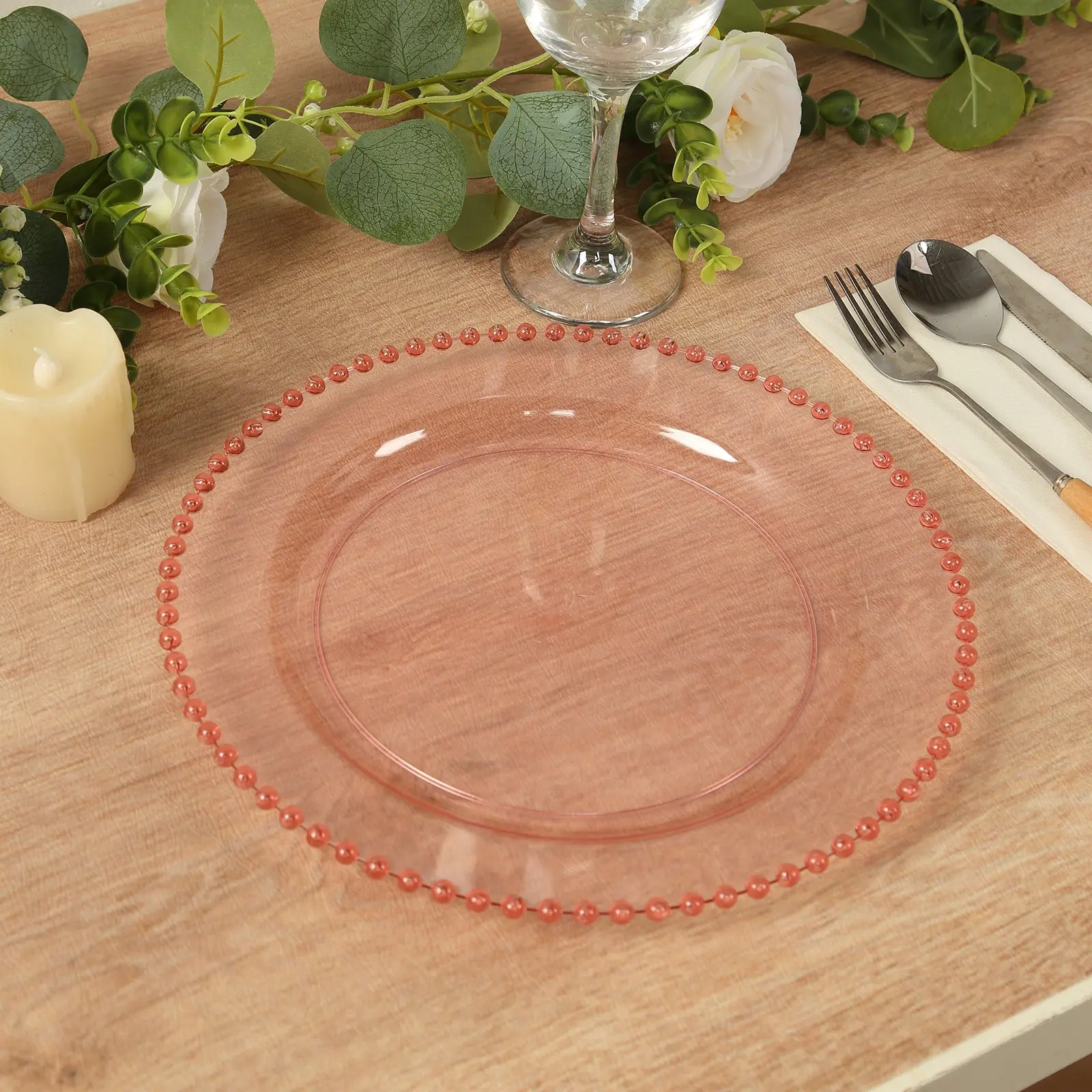 10-Pack Elegant Plastic 10" Round Dinner Plates, Transparent Blush Pink with Beaded Rim - Disposable Plates for Banquets, Festive Occasions, Elegant Plastic Plates