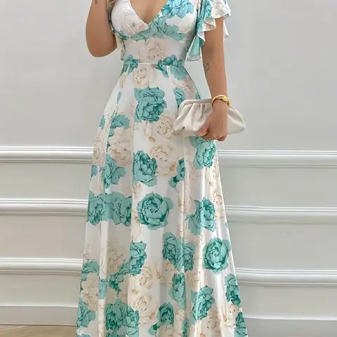 Women's Floral Print Deep V Neck Dress, Elegant Fashion Casual Maxi Dress for Daily Outdoor Wear, Women Dress for Summer, Floral Style Dress