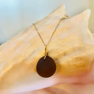 Simple Round Pendant Sea Glass Necklace - 14k Gold Filled - Unisex Jewelry - Gift for Him - Dark Brown