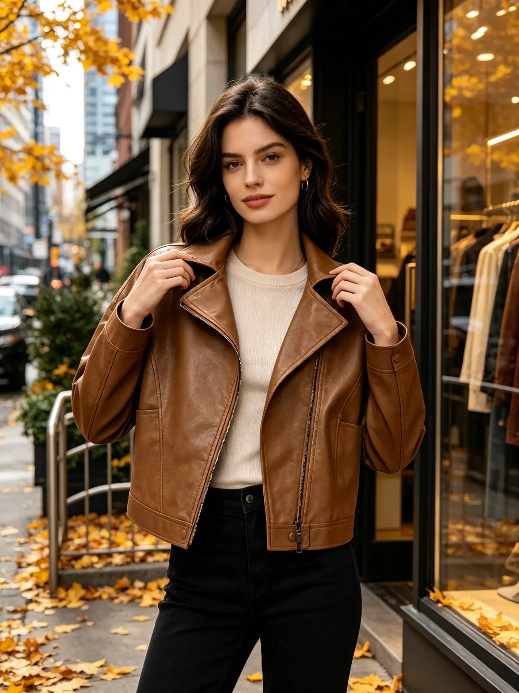 Women's Lapel Long-Sleeve Solid Plain Faux Leather Cropped Jacket - Diagonal Zip Retro Casual Tops Outerwear for Autumn Daily Urban Outfits