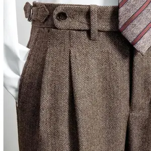 Men's Autumn/Winter High-Waist Wool Tweed Trousers - Straight-Leg Suit Pants with Pockets for Casual Wear