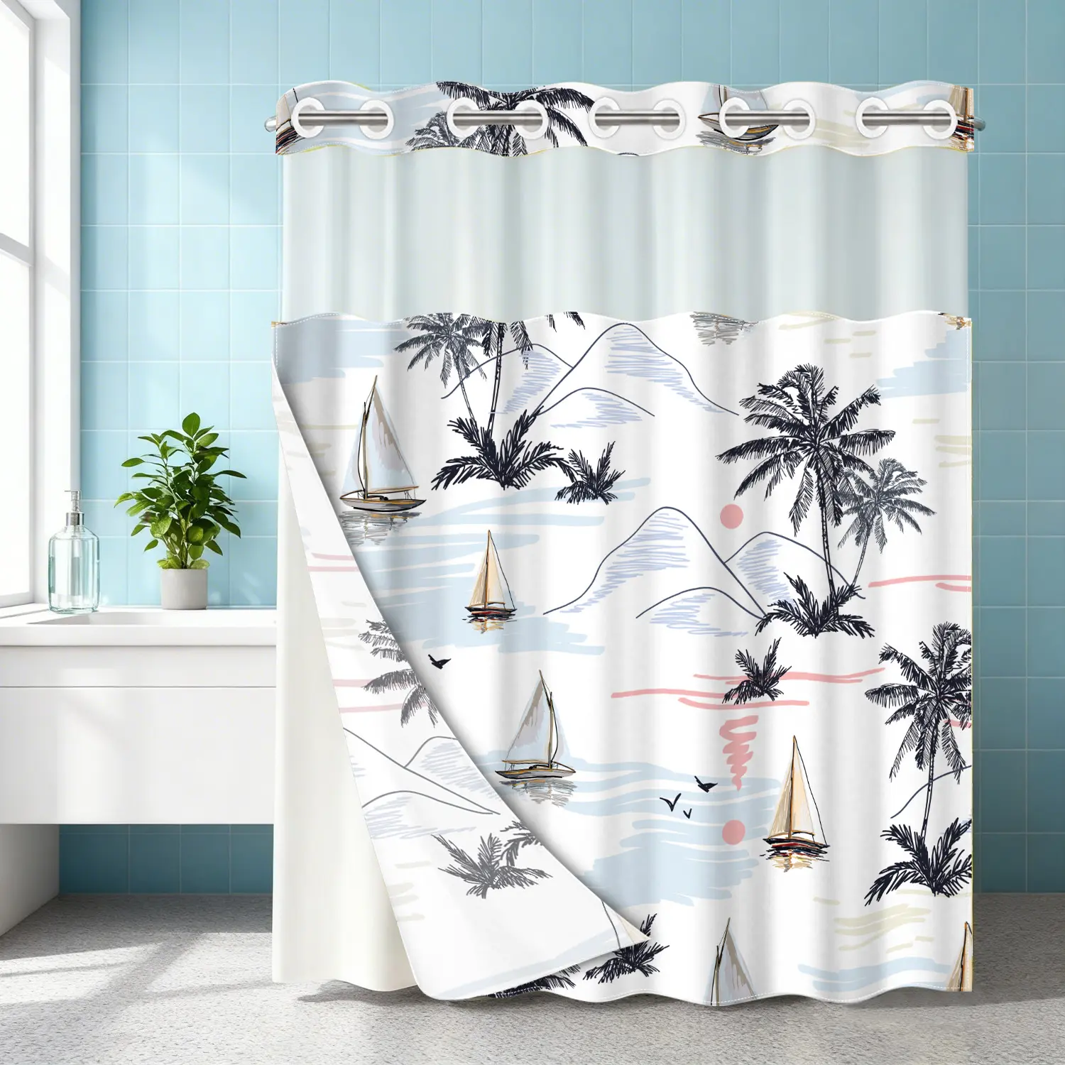 1PC double-layer large ring summer shower curtains for bathroom, sailboat coconut grove beach view, nautical shower curtain, high-end quick drying hanging curtain, bathroom, curtain, waterproof, mildew proof curtain, Aesthetic Decorative Shower Curtain