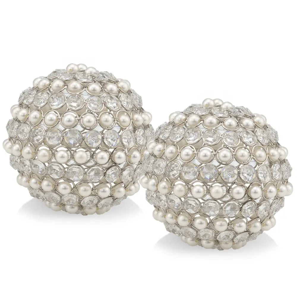 360 Stand 5 in. Silver Faux Crystal Bling Orb Sculpture Ornaments - Decorative 2-Piece Set, Glam Accent Pieces for Table Home Decor, Bling Accents, Ball, Bowl, Adult