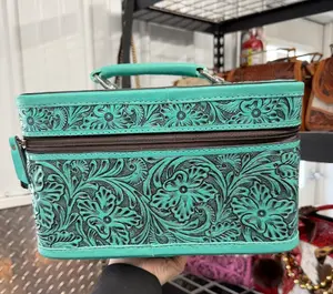 Genuine hand tooled leather & cowhide LARGE jewelry box with removeable tray & bracelet holder- Turquoise