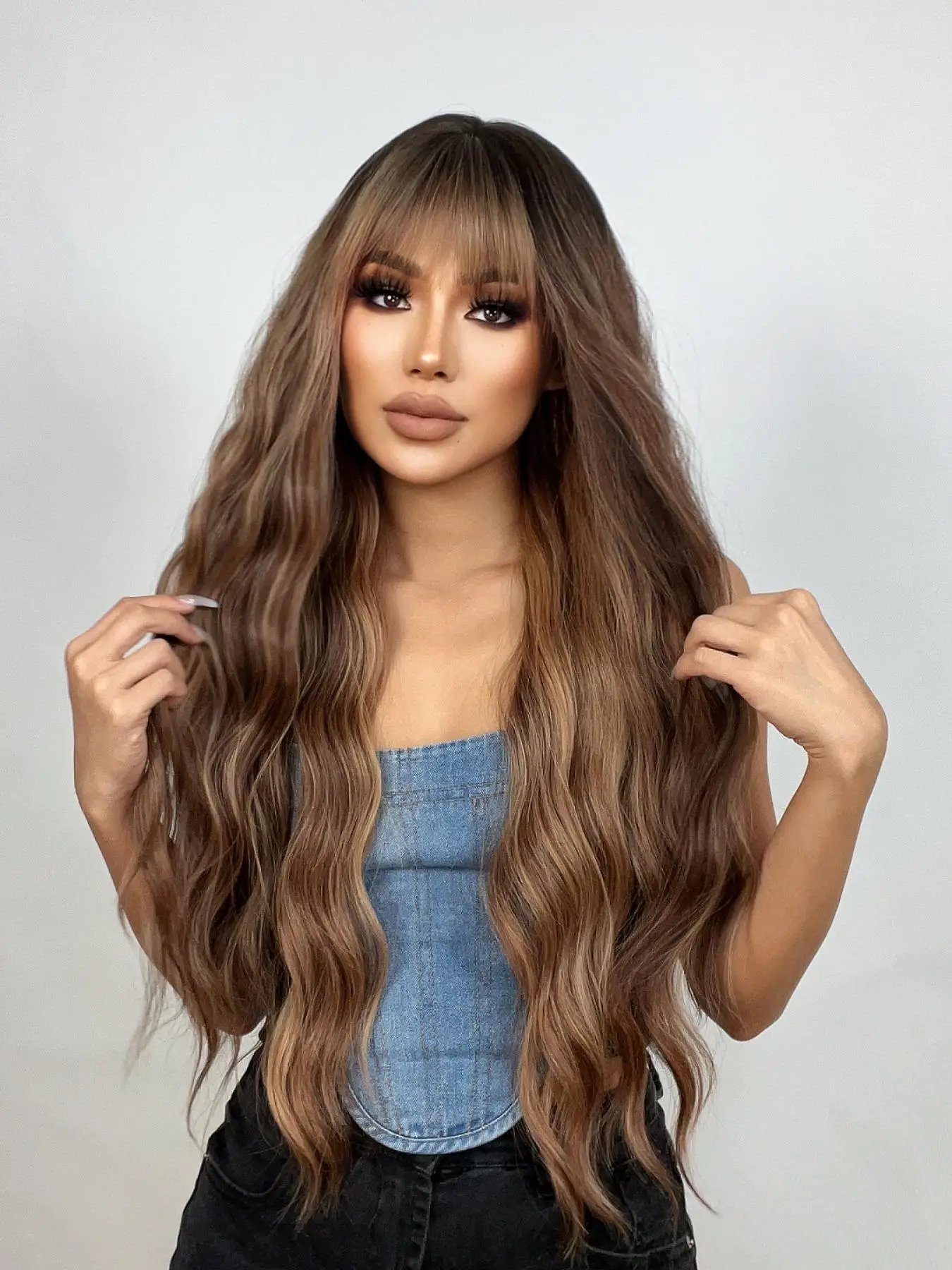 32 Inch Women's Dark Brown & Blonde Highlight Long Curly Synthetic Wigs, Gorgeous Fluffy Wigs With Bangs, Synthetic Full Machine Wigs For Party, Daily