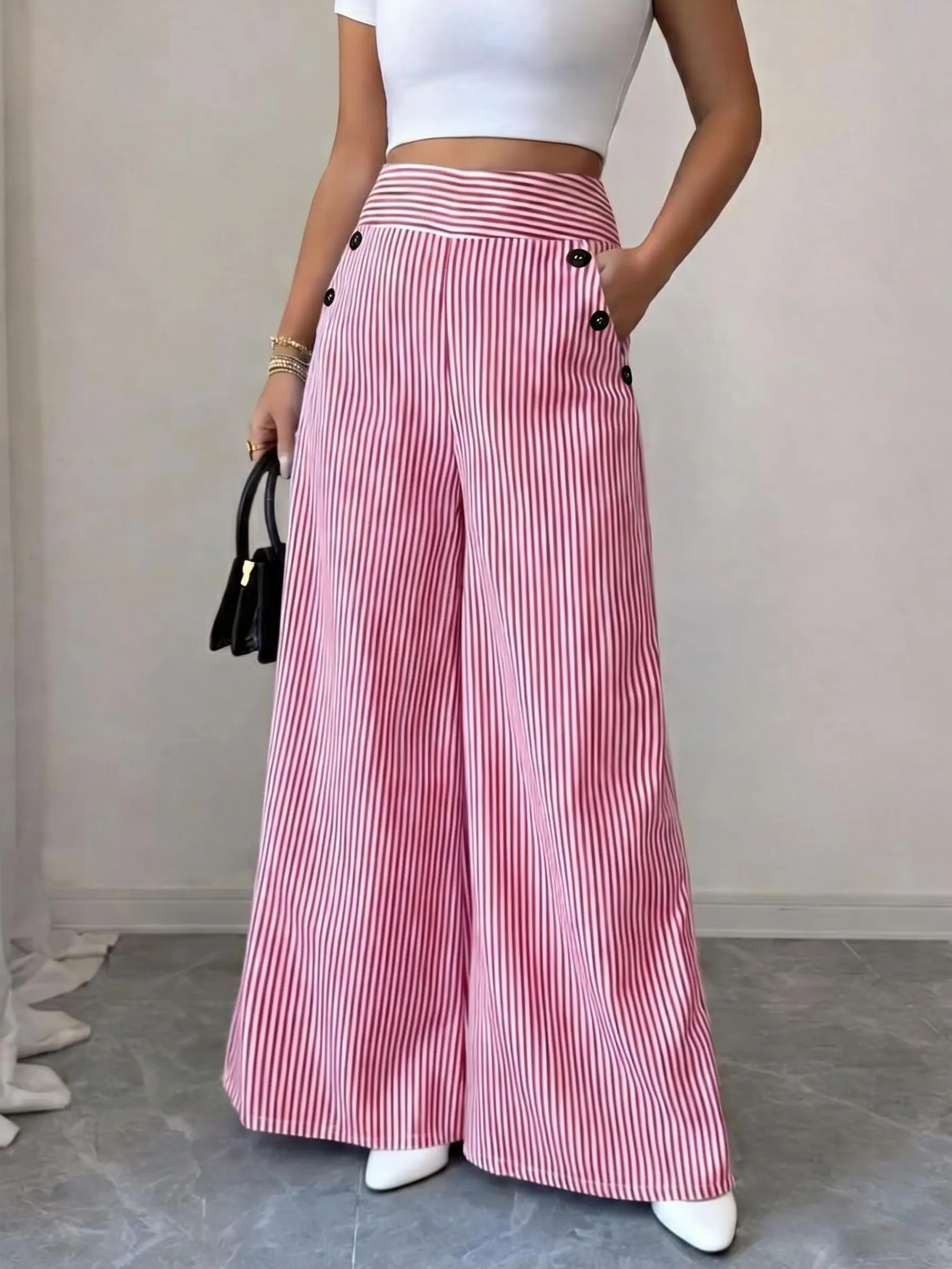 Women's Wide Leg Striped Pants Lightweight Flowy Casual Trousers Mid Waist Sailor Pants with Pockets