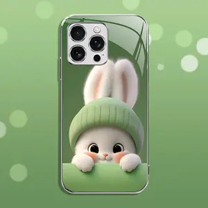 Light green rabbit panda for【iPhone 15 Pro Max】luxury electroplated glass mobile phone case --- 975