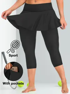 High-Waisted Plus Size Skirt Pants, Fake Two-Piece Design, Side Pockets, High Elasticity, Non-See-Through, Waist Cinch, Multiple Colors