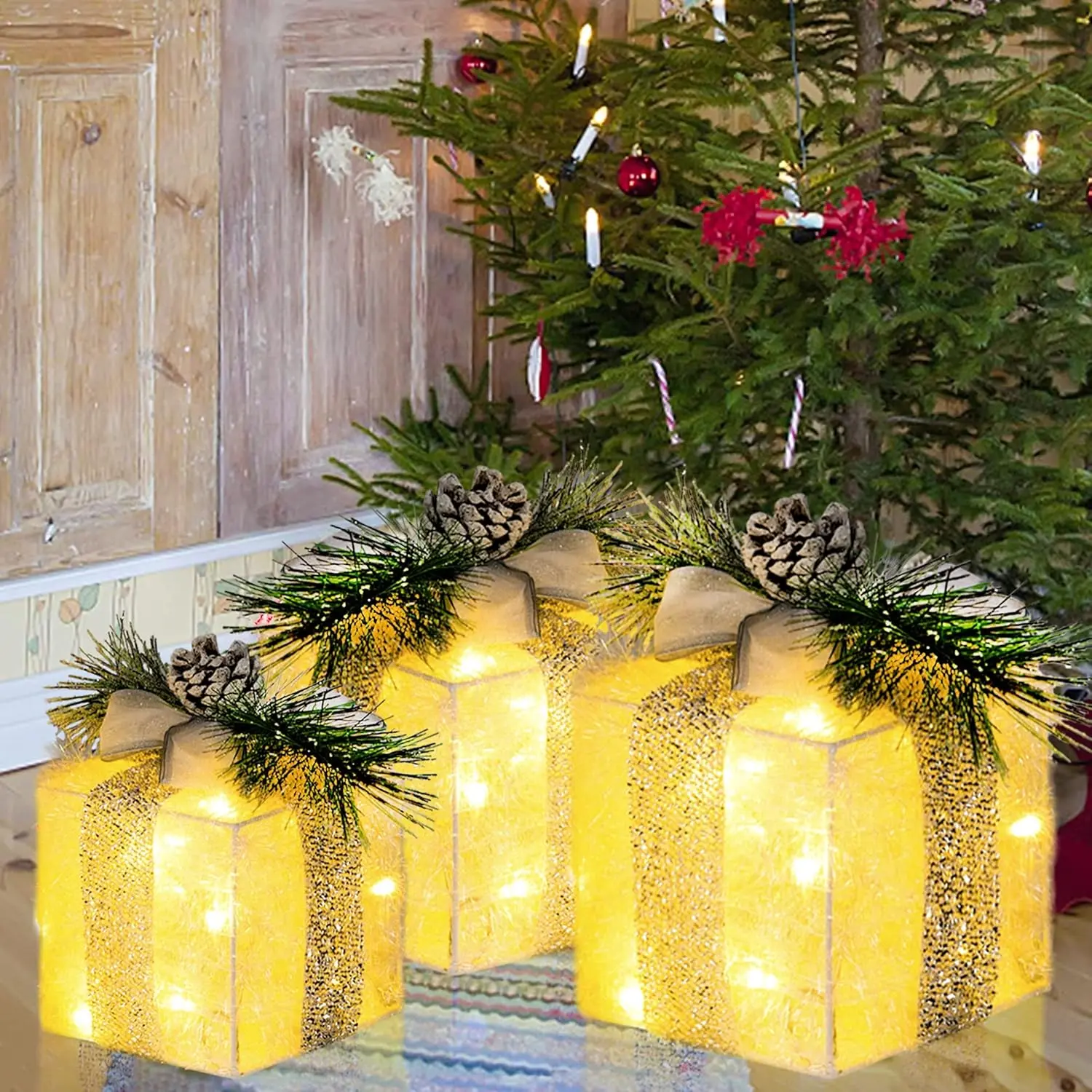 Christmas Decoration LED Lighted Gift Boxes, Batteries Required LED Light Up Gift Box with Bowknot Decor, Novelty Lighting for Home Party Wedding