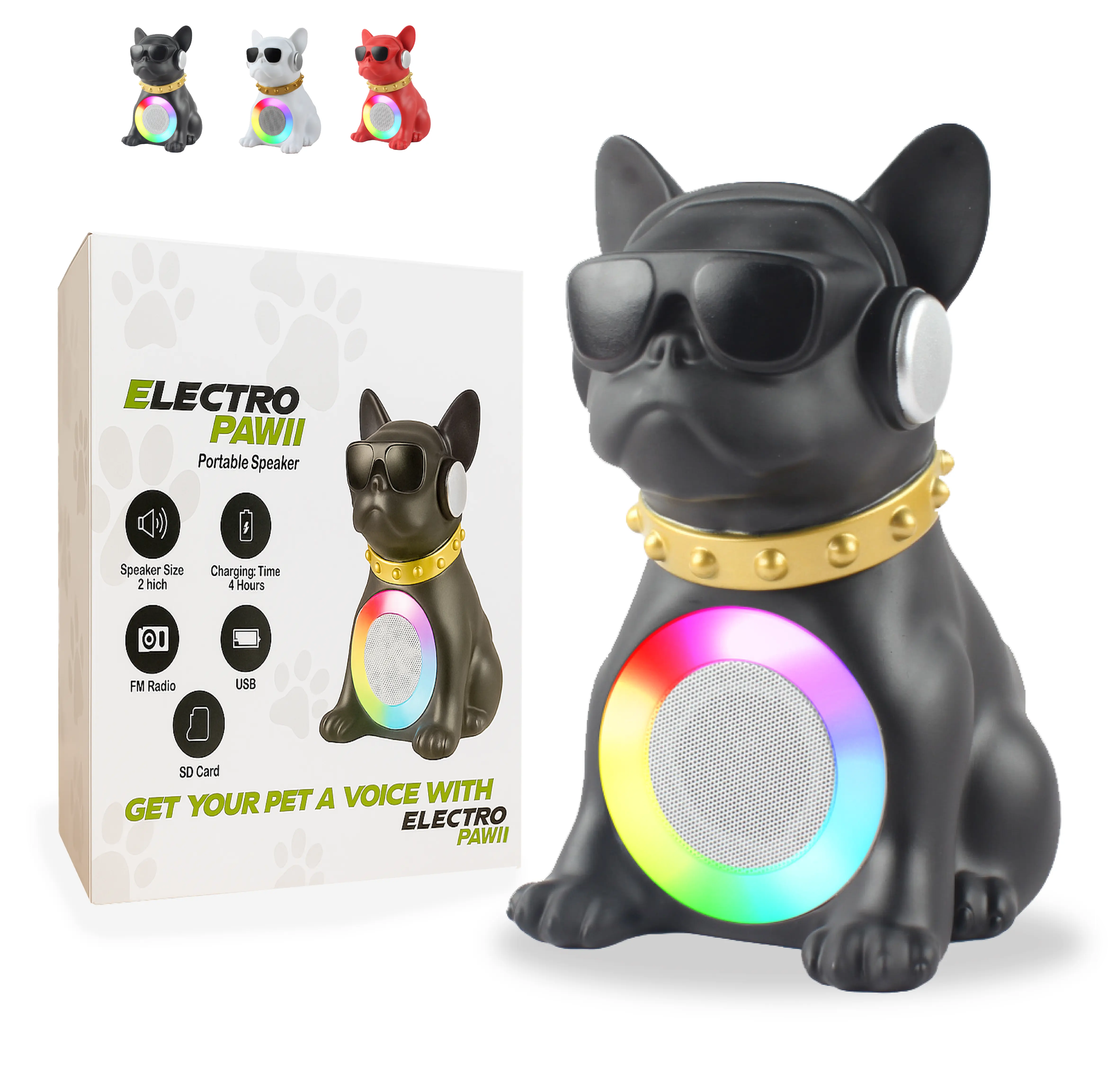Electro PAWII Dog-Shaped Bluetooth Speaker with RGB Lights - Black & Red French Bulldog Portable Wireless Speaker with FM Radio USB SD Support Type-C Charging 5W Output Fun Pet-Inspired Gift for All Ages