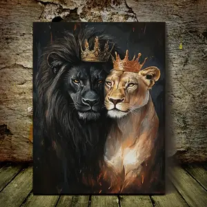 2D Flat, Royal Lion & Lioness Crowned Pair - Frameless Canvas Suitable for Modern or Traditional Decor, Symbolic Lion King/Queen Art, Ink on Canvas for, Bedroom, Office - 11.75"x39.88", 2D Flat