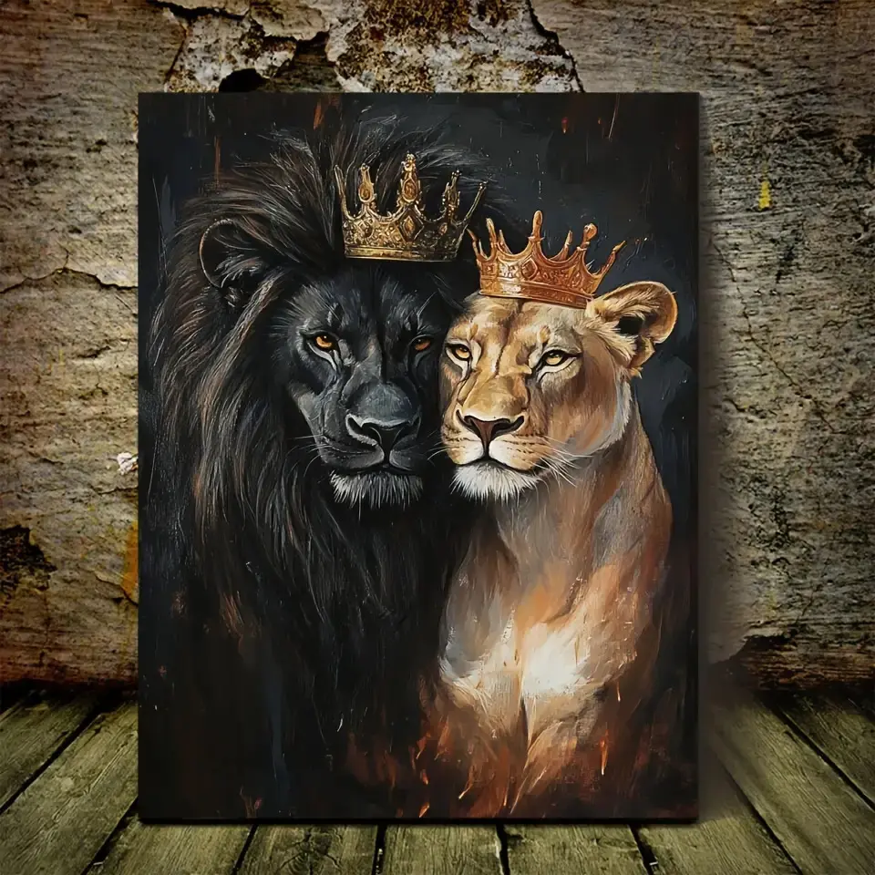 Frameless 2D Flat Royal Crowned Lion & Lioness Pair Canvas Print - Wall Art Painting, Artistic Animal Wall Decor, Ink on Canvas, 11.75"x39.88", Decoration for Bedroom/Office, Lion King-Queen Symbolic Art, Wardrobe Accent, Kid Room