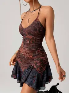 Boho Country Concert Paisley Print Vintage Colorblock Backless Mini Halter Dress, Women's Casual Summer Fashion, Elegant Romantic Dress